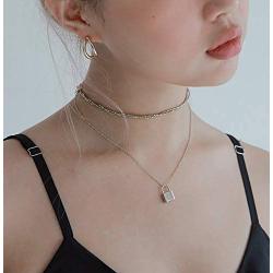 YOOE Multilayer Silver Lock Necklace Punk Metal Lock 3-layer Choker Necklace Geometric Lock Type Clavicle Egirl Y Necklace for Women Girl