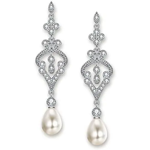 EVER FAITH 925 Sterling Silver CZ Freshwater Cultured Pearl Vintage 1920s Teardrop Chandelier Dangle Wedding Earrings