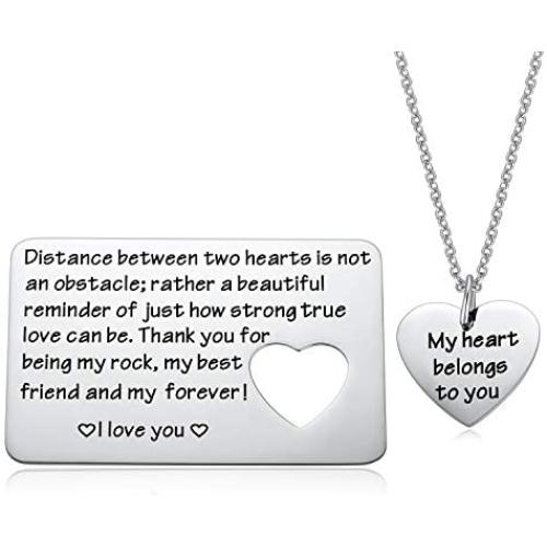 Couple Gifts, 2PCS Long Distance Relationships Gifts - Metal Wallet Card Inserts and Necklace - Matching Jewelry for Women Men Husband Wife Lover