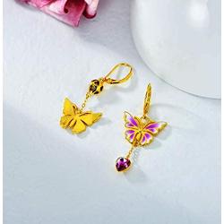 AOBOCO 18K Gold Plated Sterling Silver Butterfly Drop Dangle Earrings, Purple Enameled Leverback Dangle Earrings with Love Heart Crystals from Austria, Birthday Gifts for Women Girls