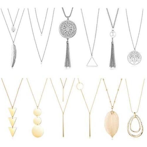 Finrezio 12PCS Long Pendant Necklace for Women Simple Three Triangle Arrow Circle Leaf Tree Pearl Knot Tassel Y Strands Statement Necklaces Set