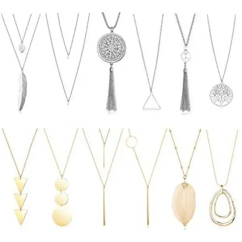 Finrezio 12PCS Long Pendant Necklace for Women Simple Three Triangle Arrow Circle Leaf Tree Pearl Knot Tassel Y Strands Statement Necklaces Set Finrezio 12PCS Long Pendant Necklace for Women Simple Three Triangle Arrow Circle Leaf Tree Pearl Knot Tassel Y Strands Statement Necklaces Set