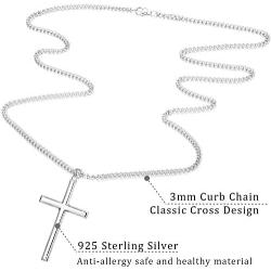 Fansilver 3MM 925 Sterling Silver Cross Necklace for Men Women Pendant Necklace Classic Curb Chain Jewelry Best Gift with Box 22/24 inch