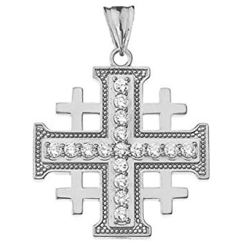 Fine Sterling Silver CZ Jerusalem Cross Pendant
