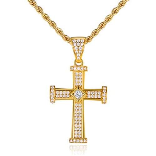 OPALTOP 14K Yellow Gold Plated Cross Necklace for Men Religious Jewelry Gifts Boys CZ Cross Pendant Necklaces 19.5in