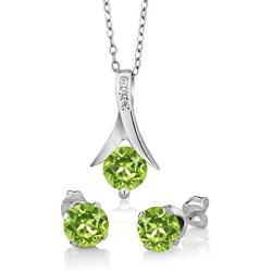 Gem Stone King 925 Sterling Silver Green Peridot Pendant and Earrings Set 3.00 Ct Round Gemstone Birthstone For Women with 18 Inch Chain