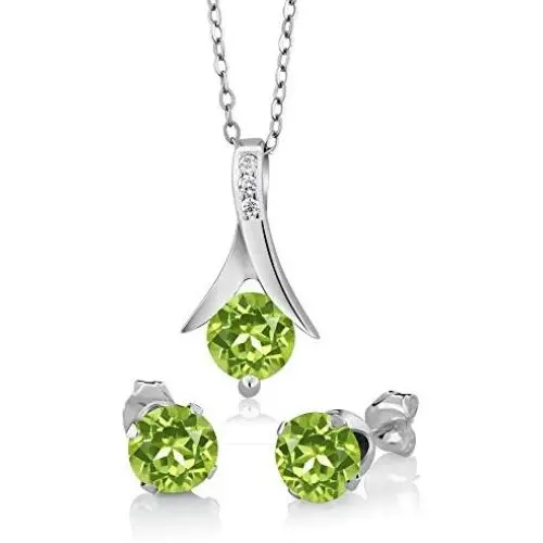 Gem Stone King 925 Sterling Silver Green Peridot Pendant and Earrings Set 3.00 Ct Round Gemstone Birthstone For Women with 18 Inch Chain Gem Stone King 925 Sterling Silver Green Peridot Pendant and Earrings Set 3.00 Ct Round Gemstone Birthstone For Women with 18 Inch Chain