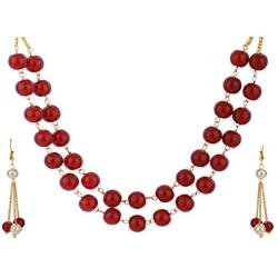 Efulgenz Muti Layered Indian Bollywood Kundan Red Faux Ruby Pearl Beaded Bridal Necklace Earrings Wedding Jewelry Set