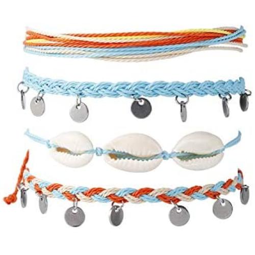 ISWAKI 4 Pcs Ankle Bracelets Braided Shell Feet Rope Coin Adjustable String Boho Bohemia Anklets Foot Cord Beach Jewelry for Women Girls