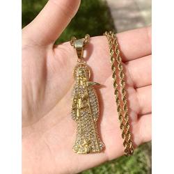 Men Women 925 Italy Gold Finish Santa Muerte Pendant Stainless Steel Real 2.5 mm Rope Chain Necklace, Mens Jewelry, Iced Pendant, Rope Necklace Nuestra Señora de la Santa Muerte
