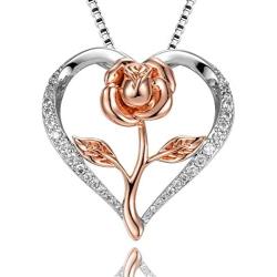 Klurent Rose Necklace for Women, Rose Gold Flower Silver Heart Pendant with 5A Cubic Zirconia Necklace Gift For Mothers Day Valentines Day Thanksgiving Christmas, New Year.