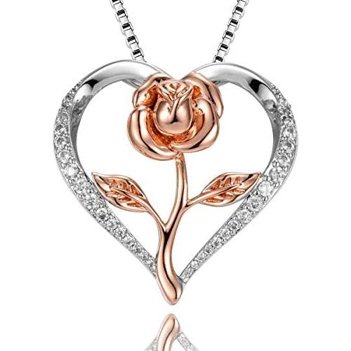 Klurent Rose Necklace for Women, Rose Gold Flower Silver Heart Pendant with 5A Cubic Zirconia Necklace Gift For Mothers Day Valentines Day Thanksgiving Christmas, New Year.