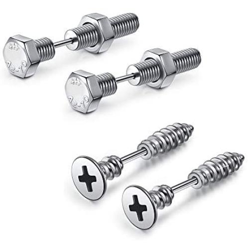 JOVIVI 2 Pairs Punk Stainless Steel 16G Silver Black Screw Stud Earrings for Men Women Body Piercing Jewelry