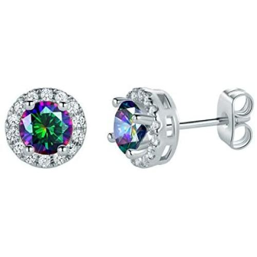 14K White Gold Plated Earrings Rainbow Quartz Halo CZ Created Mystic Topaz Stud Earrings Hypoallergenic Jewelry Gift for Women Men