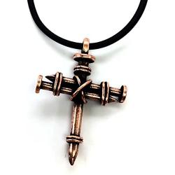 FORGIVEN JEWELRY Wire Wrapped Three Nails Copper Cross Necklace on Black Rubber Cord