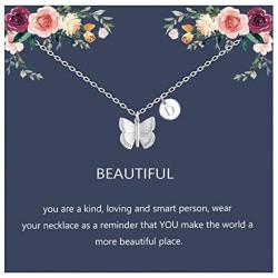 Initial Butterfly Necklace Letter Pendant Necklace with Message Card Silver Butterfly Jewelry Gifts for Women Girls
