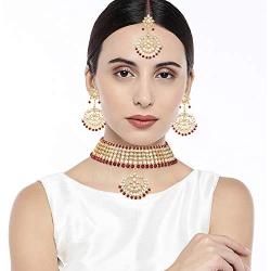 Aheli Faux Kundan Pearl Necklace with Earring Maang Tikka Indian Traditional Bollywood Fashion Jewelry Set for Women