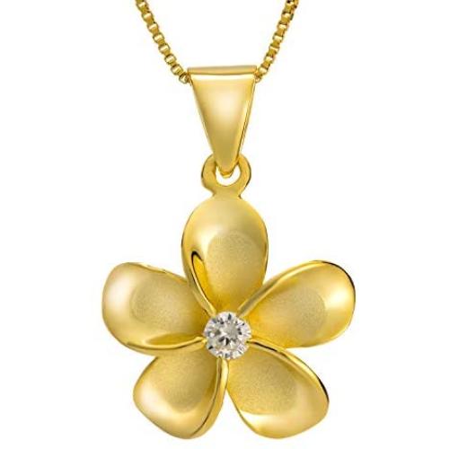 Aloha Jewelry Company 925 Sterling Silver 14K Yellow-Gold Plated CZ Plumeria Necklace Pendant with 18'' Box Chain