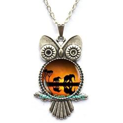 Elephant Owl Necklace, Animal Owl Pendant, Elephant Jewelry, African Animal, Photo Glass Owl Pendant, Mother and Owl Necklace, Mother Gift Jewelry，Q0043