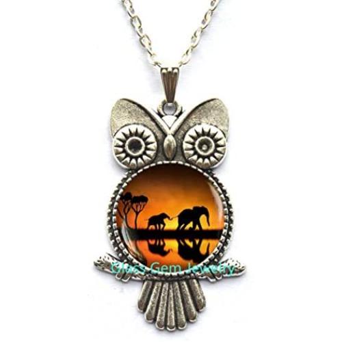 Elephant Owl Necklace, Animal Owl Pendant, Elephant Jewelry, African Animal, Photo Glass Owl Pendant, Mother and Owl Necklace, Mother Gift Jewelry，Q0043
