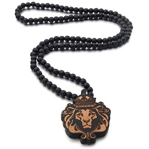 Jewelry Wood Necklace Lion Wooden Bead Choker Animal Pendant Long Chain For Hip Hop Clothing Accessories