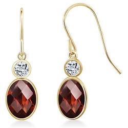 Gem Stone King 14K Yellow Gold Red Garnet and White Topaz Women Dangle Earrings (1.88 Ct Oval Checkerboard Cut 7X5MM)