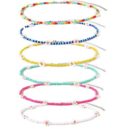 GYSONG Beaded Choker Necklaces For Women Vsco Boho Handmade Flower Necklace Cute Necklace For Teen Girls Beach Necklace Set 6 Pieces