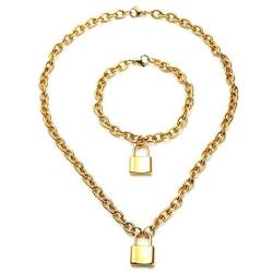 WangGao Punk Lock Charms Jewelry Set Stainless Steel Link Chain Necklace & Bracelet for Women with Clasp Closure
