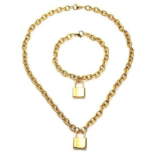 WangGao Punk Lock Charms Jewelry Set Stainless Steel Link Chain Necklace & Bracelet for Women with Clasp Closure