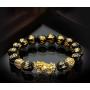 Feng Shui The Best 12mm Black Hand Carved Mantra Bead Bracelet with Golden Pi Xiu/Pi Yao Lucky Wealthy Amulet Brecelet