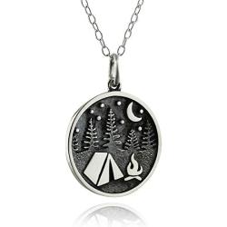 Sterling Silver Camping Charm Necklace with Tent Trees Campfire Moon and Stars, 18'' Chain