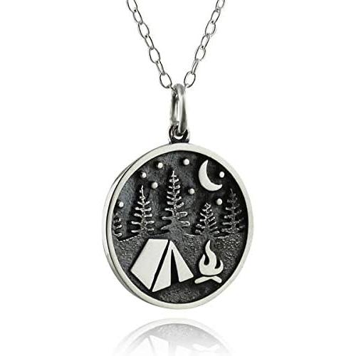 Sterling Silver Camping Charm Necklace with Tent Trees Campfire Moon and Stars, 18'' Chain
