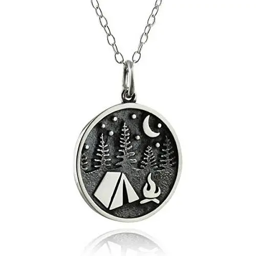 Sterling Silver Camping Charm Necklace with Tent Trees Campfire Moon and Stars, 18'' Chain Sterling Silver Camping Charm Necklace with Tent Trees Campfire Moon and Stars, 18'' Chain