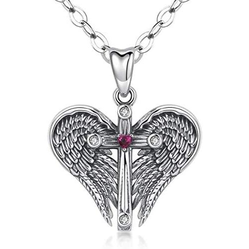LOOVE Angel Wings Necklace, Sterling Silver Guardian Angel Wings Cross with Birthstone Heart Pendant with 18'' Chain, Charm Jewelry for Women Girl Daughter