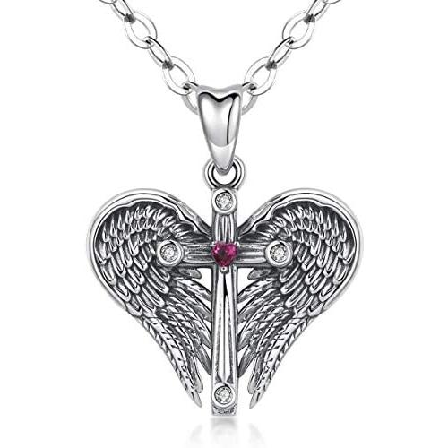 LOOVE Angel Wings Necklace, Sterling Silver Guardian Angel Wings Cross with Birthstone Heart Pendant with 18'' Chain, Charm Jewelry for Women Girl Daughter