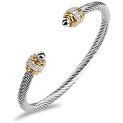 Winhime Birthstone Cable Bangle Bracelets for Women, Stainless Steel Twisted Cable Wire Bracelet for Teen Girls Designer Inspired Cuff Bracelet in Two Tone Silver Gold