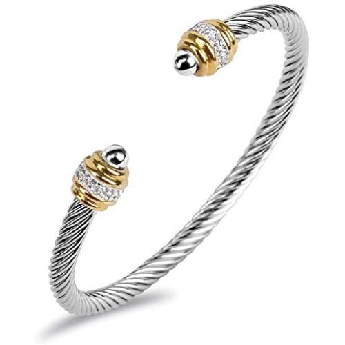 Winhime Birthstone Cable Bangle Bracelets for Women, Stainless Steel Twisted Cable Wire Bracelet for Teen Girls Designer Inspired Cuff Bracelet in Two Tone Silver Gold