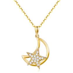 14K Solid Gold Moon Necklaces for Women, Real Yellow Gold Moon Star Pendant Necklace Fine Jewelry for Girls 16''- 18''