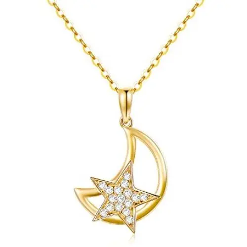 14K Solid Gold Moon Necklaces for Women, Real Yellow Gold Moon Star Pendant Necklace Fine Jewelry for Girls 16''- 18''