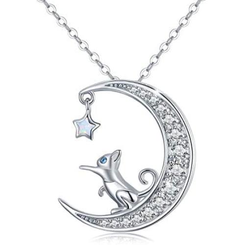 TRISHULA Moon Necklace with Opal Star Light,Infinite Love Y-Necklace,Moon Cat Necklace 925 Sterling Silver Forever Love Sparkling Crescent Jewelry Gift for Women Girls,Teen