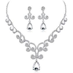 Uloveido Alloy Crystal Wedding Jewelry Sets for Brides Rhinestone Necklace and Drop Earrings Platinum Plated Y644