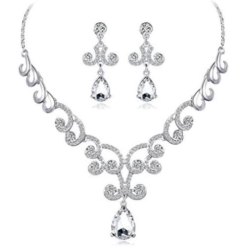 Uloveido Alloy Crystal Wedding Jewelry Sets for Brides Rhinestone Necklace and Drop Earrings Platinum Plated Y644