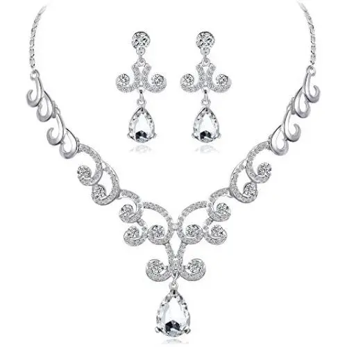 Uloveido Alloy Crystal Wedding Jewelry Sets for Brides Rhinestone Necklace and Drop Earrings Platinum Plated Y644 Uloveido Alloy Crystal Wedding Jewelry Sets for Brides Rhinestone Necklace and Drop Earrings Platinum Plated Y644