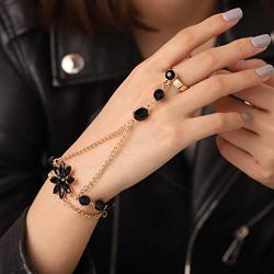 Bomine Boho Crystal Finger Bracelets Ring Hand Chain Gold Flower Beach Slave Bracelet Jewelry Chain for Women and Girls