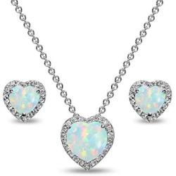 Sterling Silver Genuine or Synthetic Gemstone Halo Heart Necklace & Stud Earrings Set for Women
