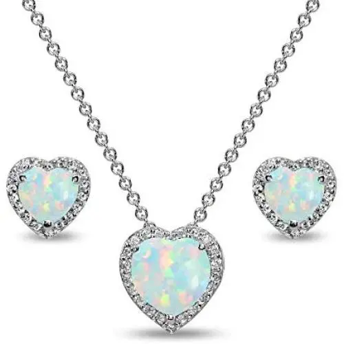 Sterling Silver Genuine or Synthetic Gemstone Halo Heart Necklace & Stud Earrings Set for Women