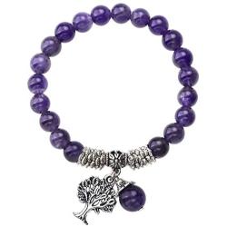 Jovivi 8MM Purple Amethyst Natural Gemstone Tree of Life Lucky Charm Stretch Bracelet