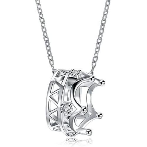Kebaner Women 925 Sterling Silver Plated Crown Princess Pendant Necklace Austrain Crystal Jewelry
