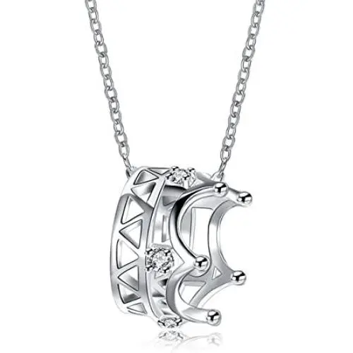Kebaner Women 925 Sterling Silver Plated Crown Princess Pendant Necklace Austrain Crystal Jewelry