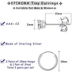 Sterling Silver Stud Earrings Small Cartilage Hoop Earrings for Women Men- 3 Pairs of Hypoallergenic Tiny 3mm Cubic Zirconia Round Ball Earrings & 10mm/12mm Cartilage Earring Hoops